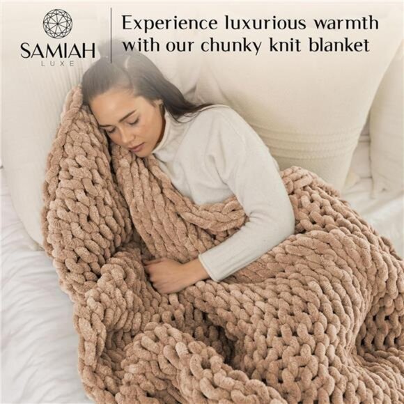 Chunky Knit Blanket Throw, Tan Brown Throw Blanket, Queen Chunky Blanket - Picture 2 of 7